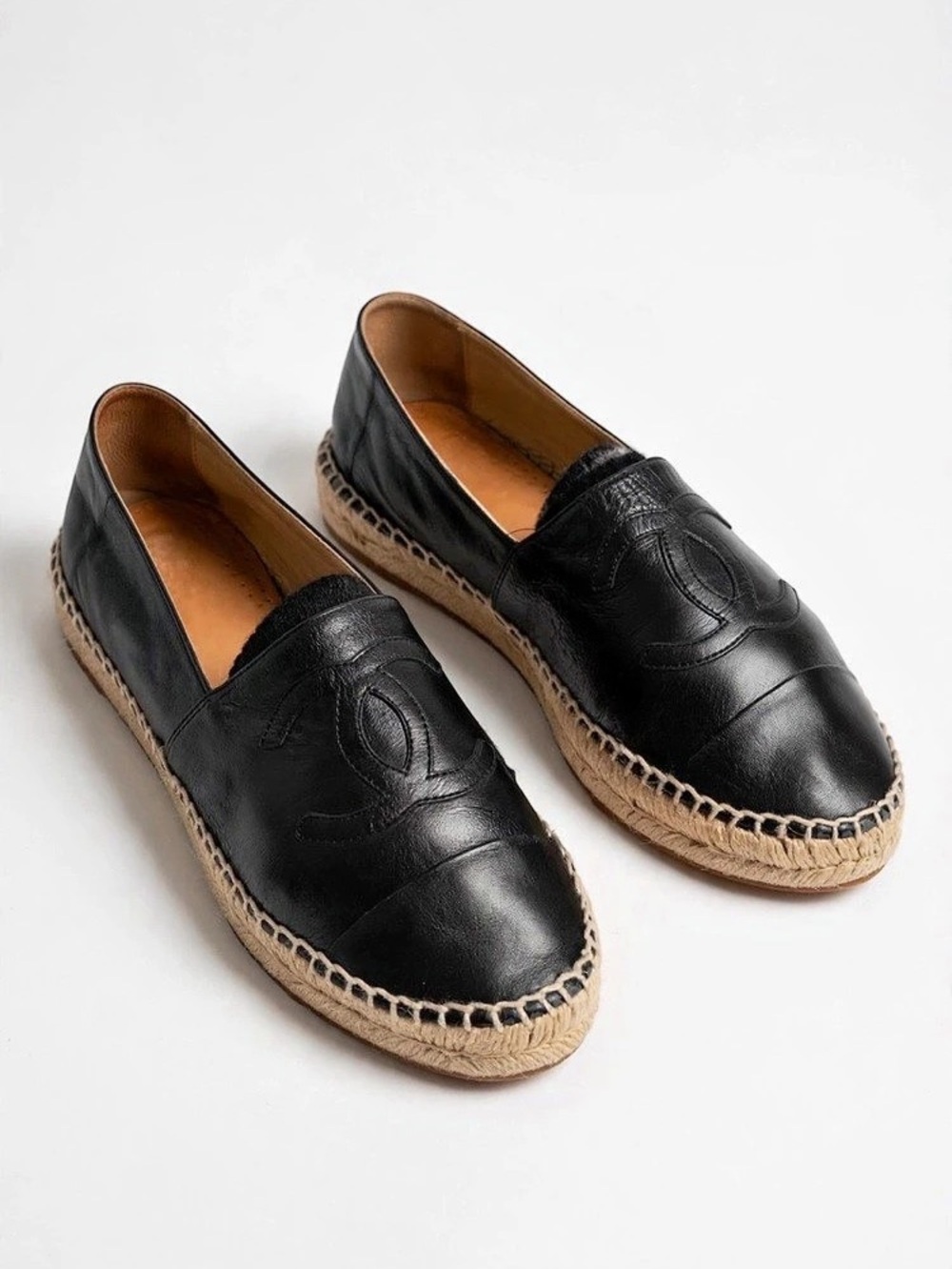 CHANEL Interlocking CC Logo Black Leather Espadrilles Size 41